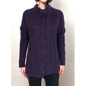 L.L. Bean Chunky Knit Cardigan Sweater Sz M Purple Cables‎ 100% Cotton Fall